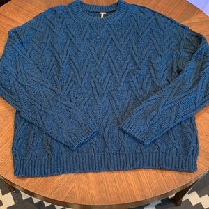 Free People Isla Teal Cable Crewneck Sweater EUC